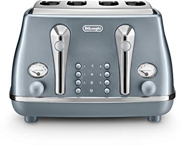 De'Longhi Icona Metallics Toaster CTOT4003.AZ, 4 Slot Toaster with Reheat and Defrost Functions, Separated Control Panels, 6 Browning Levels, 1800 W, Pull Crumbs Trays, Stainless Steel, Azure