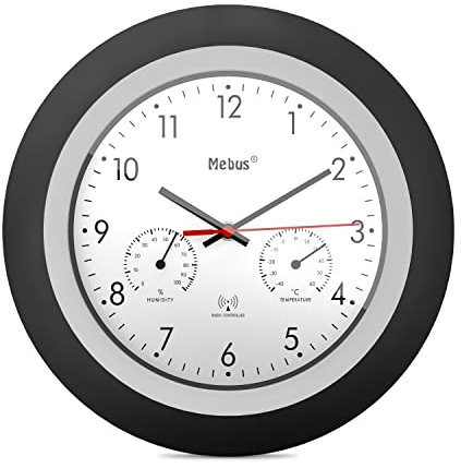 Mebus Funk-Wanduhr mit Thermometer und Hygrometer/schwarzer Rahmen/weißes Zifferblatt / 29cm Durchmesser/Rund/Modell: 19449 / Farbe: Schwarz, Weiß
