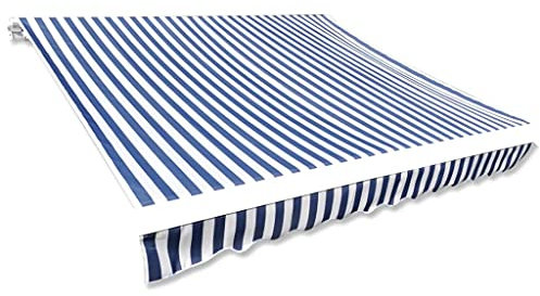 Markisenbespannung,Ersatz Markisestoff,Markisentuch Ersatzstoff,mit Volant Markisevolant für Markise,UV-beständig,Witterungsbeständig,Canvas Blau & Weiß 500×300 cm(Rahmen Nicht Enthalten)
