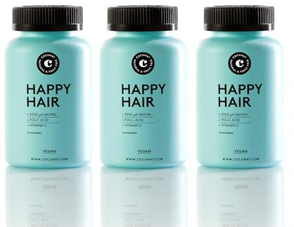 COCUNAT - Happy Hair Pack 3 Meses - Vitaminas para Favorecer Crecimiento del Cabello - Fortalece, Estimula el Crecimiento y Previene la Caída - Cabello Fuerte y Denso - Biotina 5.000 mcg - 180 uds