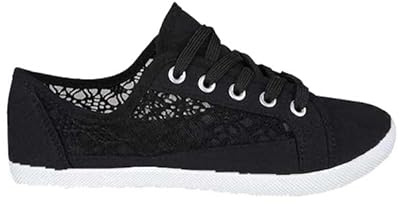 Womens Canvas Shoes Trainers Casual Plimsolls LACE UP Flat Embroidered Pumps Size UK 3-7 (EU 36-40) (Black, UK_Footwear_Size_System, Adult, Women, Numeric, Medium, Numeric_5)