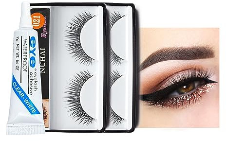 Natural False Eyelashes, 2 pairs Strip Lashes with Glue, Lashes Fluffy Wispy Long 3D Reusable Lashes, For Daily Office Dating, Fake Eyelashes
