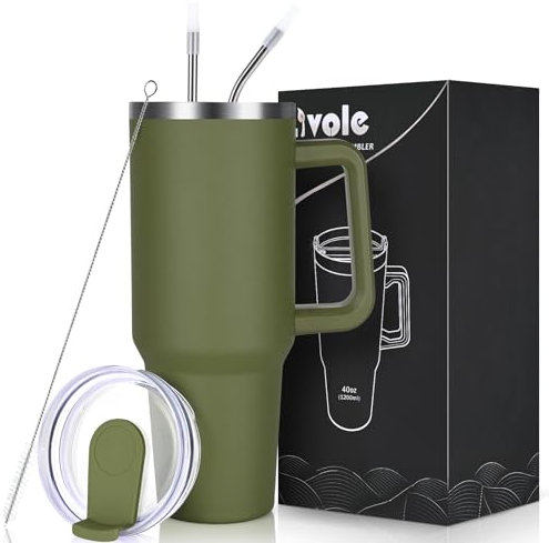 Livole 40oz 1200ml Edelstahl Thermobecher mit Griff, Trinkbecher mit Deckel und Strohhalm, Auslaufsichere Isolierter Coffee to go Becher, Doppelwandig Tumbler für Sport, Camping, Auto, Armeegrün