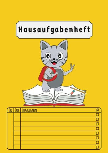 Hausaufgabenheft: Grundschule Junge Katze | Ohne Datum Aufgabenheft Für Kinder | Gelb | Din A4 | 50 Blatt | Version 2023/2024
