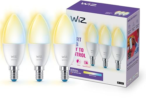 WiZ smart E14 LED-lampa i 3-pack - 40W, med vita skärmar, WLAN/Bluetooth, röst-/appstyrning, fungerar med Google Home, Alexa och HomeKit