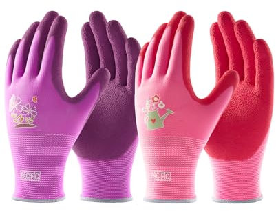 PACIFIC 6 Paar Gartenhandschuhe für Damen – Rutschfester Latex Arbeitshandschuhe, Langlebige Sicherheitshandschuhe für Garten, Angeln, Camping, DIY und Outdoor-Aktivitäten, Lila & Rot, Größe 7/S