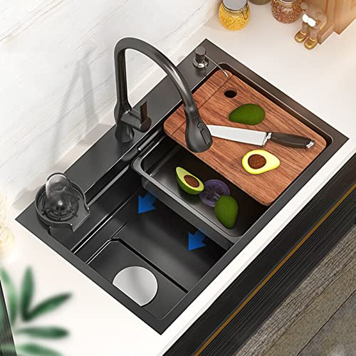 Lavello da cucina in acciaio inox Lavello da cucina a vasca singola Lavello da cucina topmount da incasso con rubinetto estraibile e lavatrice in vetro (Colore: Nero A, Dimensioni: 68x45CM)