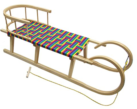 BambiniWelt by Rafael K. Slitta in legno per bambini, slitta da neve con schienale e corda di trazione, 120 cm, seduta in fibre sintetiche, arcobaleno