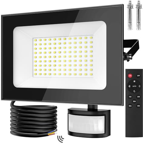 papasbox 100W LED-strålkastare med utomhusljussensor rörelsedetektor | Utomhusspotlight med fjärrkontroll | IP66 vattentät reflektor kall vit 6 500K för trädgård garage