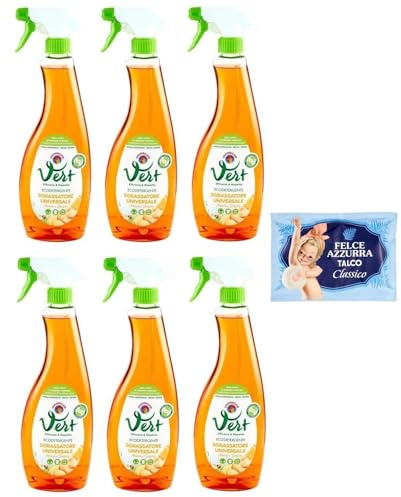 Chanteclair Vert Sgrassatore - Set di 6 bottiglie di bucato universale Arancia e Zenzero, 625 ml + 1 bustina di talco Felce Azzurra, confezione da 100 g
