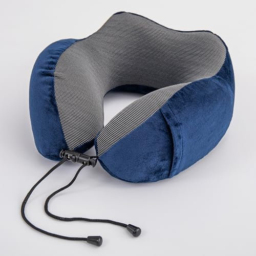 EDS Travel Pillow Memory Foam Neck Pillow Comfortable Head Support Flight Pillow for Airplane Car Train Home & Office Sleeping Rest Cushion with Ear Plugs, Eye Mask & Carry Bag (BLUE)