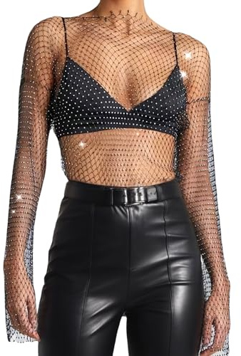 Maglia a maniche lunghe con strass, maglia da pesce, top da donna, sexy, in rete con strass, per club, costume da bagno, Nero, Taglia unica