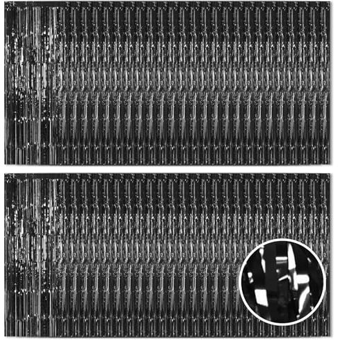 Ohiyoo 50 Stück Schwarz Lametta Vorhänge 1 x 2.5M Tinsel Curtain Folien Fransen Metallic Lametta Vorhange Silber für Geburtstag Partydekor Verlobung Hochzeit Weihnachten Neujahr Dekoration (Schwarz)