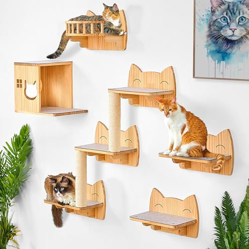 IDAE - Juego de 9 estantes de pared para gatos, escalador moderno de pared con casa, escalones y rascador, muebles para gatos grandes de interior, madera natural