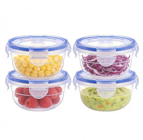 EASYLOCK Plastic Food Containers with Lids Airtight, 300ml, 4 Pack | Small Plastic Bowls for Snake, Stackable, Reusable, Leak-proof, Microwave Bowl with Lid, Freezer Dishwasher Safe