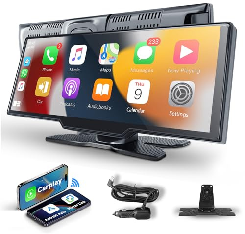 Hodozzy Bärbar Bilradio Trådlös Carplay Android Auto, 10,26 Tums IPS-pekskärm Bärbar Bilmonitor med Carplay, Bluetooth Handsfree, Mirrorlink, FM-sändare, TF/AUX Radio Carplay Display för Bil