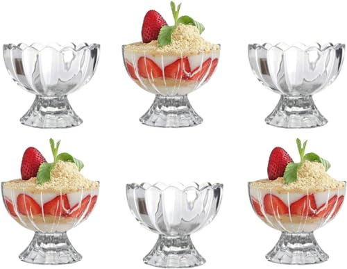Housetronics Crystal Dessert Bowls, 6 Pieces 150ml, Mini Glass Trifle Bowls with Short Stem, for Ice Cream, Pudding, Fruit Salad, Starter Nibbles Embossed Sundae Bowls
