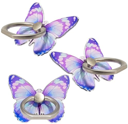 3 Pcs Butterfly Cell Phone Ring Stand Holder, Cute Butterfly Design Finger 360° Rotating Metal Hand Phone Stand Holder, with Adjustable Knob Loop (threePurple)