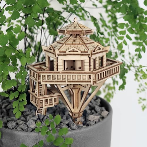 Woodland Outpost 3D Wooden Puzzle for Adults - Includes LED Lights, Acrylic Stake, and Assembly Tools, DIY Kit for Home or Plant Decor, 121 Pieces (Battery not Included) by Tiny Tree Houses