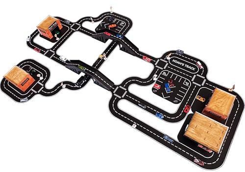 Wooden Car Track Playset with Garages, Gas Station, and Bridge - Fun & Educational Toy for Kids - Personalised Baby Boy Gift - Puzzle Roads for Toy Car - Gift for Son - Wooden Auto Track (TRACK # C)