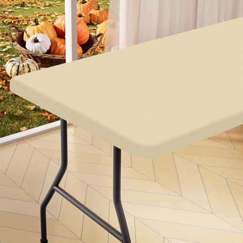 homing Rectangle Table Cloth Cover, Waterproof Polyester Elastic Fitted Tablecloth, Fits for 6 Foot Folding Tables, Washable Table Protector for Picnic, Camping, Outdoor (Champagne, 30 x 72)