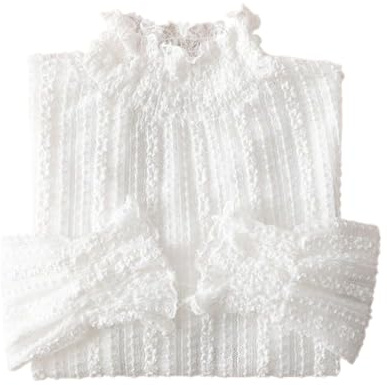 YEKEYI Blusa de encaje para mujer, manga larga, cuello alto falso, transparente, floral, encaje, blanco, S