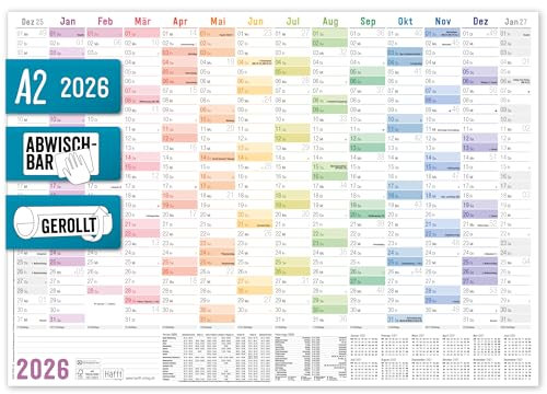 Häfft® abwischbarer Wandkalender 2026 A2 (59,4 x 42 cm) gerollt, mit Feiertagen & Ferien, 14 Monate: Dez 2025 - Jan 2027, Wandplaner Rainbow - nachhaltig & klimafreundlich