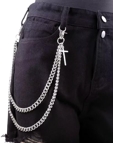 FloralGrace chain Trouser for Men and Women Hip Hop Punk Jeans Cross chain Gothic Accessories Wallet Silver