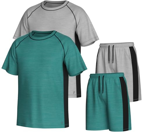 Essenclo Men’s Gym Clothes Set - 4-Pcs Athletic Outfits w/ 2 Workout Shirts & 2 Shorts - Lightweight, Quick-Dry, Breathable