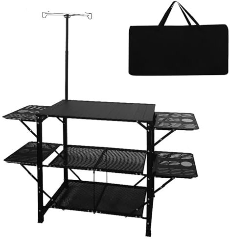 Table de camping pliante – Meuble de cuisine portable avec cadre en aluminium, 3 placards et 1 panneau, idéal pour le rangement extérieur, dimensions 175 × 40 × 110 cm