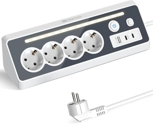 Multiprise d'angle de cuisine 4 compartiments, prise de table avec 2 ports USB C, 4 compartiments, blanc