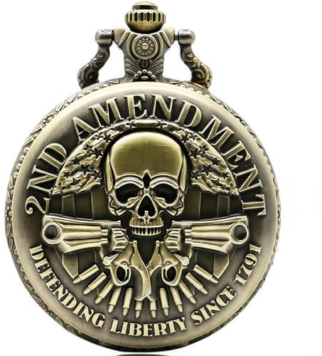 DerMacht Vintage Pocket Watch Skull Pattern Antique with Chain Halloween Bronze