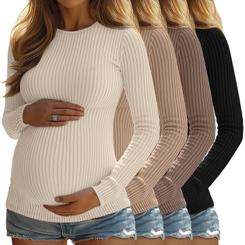 Sweetyweee 4 Pack Womens Maternity Shirts Ribbed Knit Long Sleeve Pregnancy Tops Casual Crew Neck Basic Tunic Shirts(Apricot, Khaki, Coffee, Black,Large)