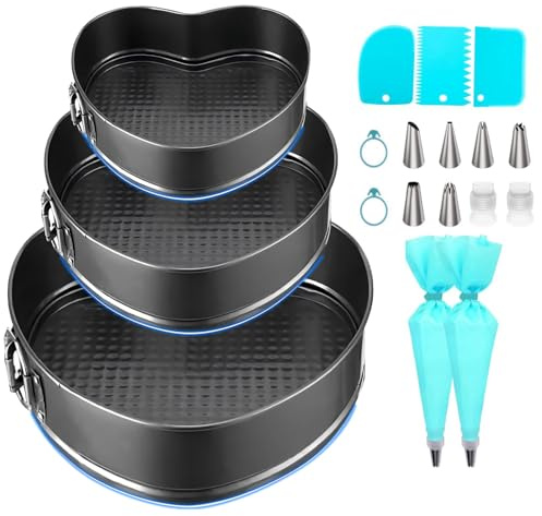 Sadodo 3er 20/22/24 cm Kuchenform Herz Springform+ 15er Spritzbeutel Tüllen Kuchen Zubehör Set,Backform mit Antihaftbeschichtung Abnehmbarer Boden Kuchenform,Tortenringe für Backen,Brot Schwarz