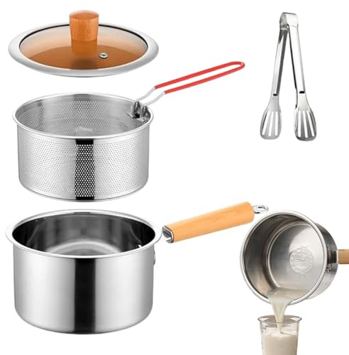 Sartén Freidora Con Cesta Y Tapa,Olla Freidora Profunda Con Cesta - Colador de Acero Inoxidable para Pescado Marisco Pollo Gambas Cocina Comedor