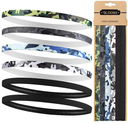 Blooms 6 st sportpannband män – elastiska pannband för kvinnor – mode tunna hårband för män och pojkar – silikongrepp halkfria svettband huvud för yoga, fotboll, löpning, gym (kamouflage, svart)