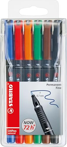 STABILO OHPen Universal Folienstift, Permanentmarker, 6er-Pack, Rundspitze, Farben: Schwarz, Blau, Braun, Grün, Rot, aus Polypropylen, feine Strichstärke, Durchmesser: 0,7 mm