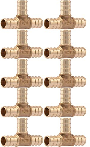 SharkBite 1/2 Inch Crimp Tee, Pack of 10, Brass Plumbing Fitting, PEX Pipe, PE-RT, UC362LFA10