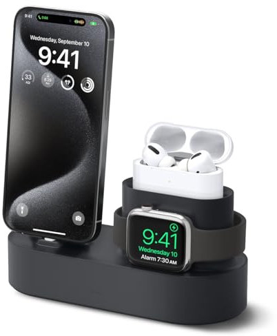 elago Station de Charge 3 en 1 Compatible avec Apple Watch Série 10/9/8/7/6/5/4/3/2/1/SE, AirPods Pro 2/1, AirPods 3/2/1, Toutes Les Séries iPhone [Câbles d’Origine Requis - Non Inclus] (Noir)