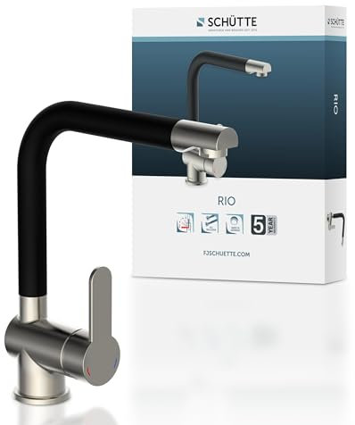 SCHÜTTE 79866 RIO 360° schwenkbare Küchenarmatur, Spültisch Armatur mit hohem Auslauf Küche, Einhebelmischer Einzelspüle Doppelspüle Mischbatterie für die Spüle, Wasserhahn Edelstahloptik/Schwarz