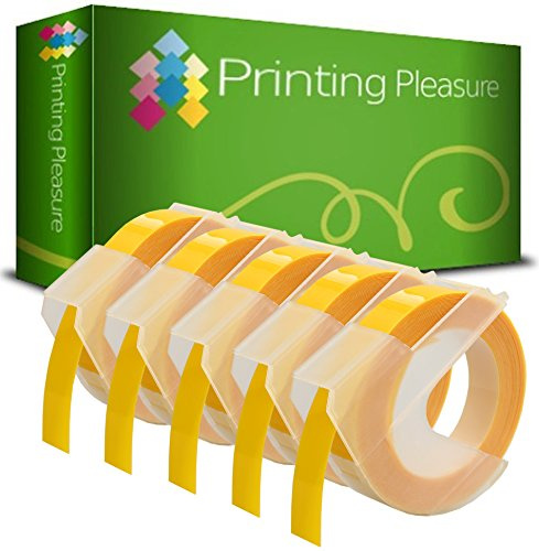 Printing Pleasure 5 Yellow Tapes Embossing Labels Compatible with Junior S0717900 & Omega S0717930 Label Makers | 9mm x 3m | White Print on Yellow Background