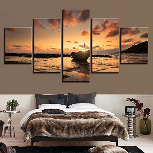 Quadro Moderno 5 Pezzi Sunset Boat Quadro su Tela Canvas Quadri Moderni per Soggiorno Camera da Letto Cucina Decorazione da Parete, 200x100cm Senza Telaio