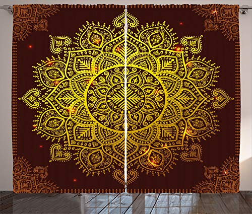 ABAKUHAUS Mandala Cortina, Arte Oriental del Copo de Nieve, Sala de Estar Dormitorio Cortinas Ventana Set de Dos Paños, 280 x 260 cm, Amarillo marrón