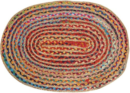 RAJRANG Bunter Chindi-Flickenteppich 100% Baumwolle und Jute handgewebt rechteckig großflächiger Teppich für den Wohnzimmerboden 244 x 152 cm