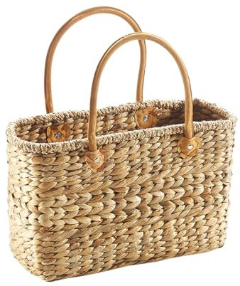 Kobolo - Korbtasche aus Wasserhyazinthe mit Lederhenkeln - 38x16x24 cm - Handgefertigte Strandtasche/Shopper, Für den Strand, zum Einkaufen, vielseitig einsetzbar, zeitloses Design