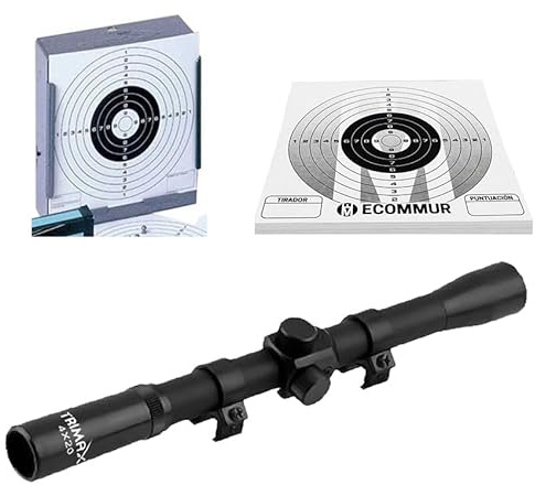 Pacchetto di precisione per l'avvio di fucili, carabine e fucili a pallini: mirino telescopico 4x20 + cacciapallini/tragapallini piano + 100 bersagli 14x14