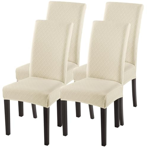 SearchI Dining Room Chair Covers Set of 4, Stretch Jacquard Parsons Chair Slipcovers Super Fit Removable Washable Kitchen Chair Protector Cover for Dining Room, Hotel, Ceremony (Beige Rhombus)