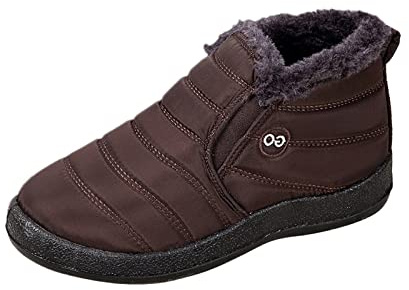 FNKDOR Winterschuhe Damen Wasserdicht Gefüttert Boots Winterstiefel Flach Schlupfstiefeletten Booties Schneeschuhe Schneestiefel (Brown, 42)