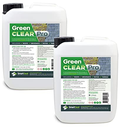 SmartSeal Green Clear Pro - 2 x 5L - Concentrated Biocide & Green Growth Remover. Spray and Leave Roof Tile Cleaner, Patio Cleaner & Algae Remover. For Use on Concrete, Wood, Decking & Stone