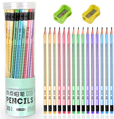 Evoarl 30 Stück HB Bleistifte Set, Dreikant Bleistifte Kinder mit Radiergummi, 5 Farben Bleistift für Prüfungen, Schule, Büro, Zeichnen und Skizzieren (Bleistifte+Bleistiftspitzer)